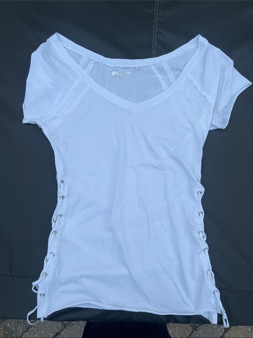 GUESS white V-Neck Side Lace-Up Tee